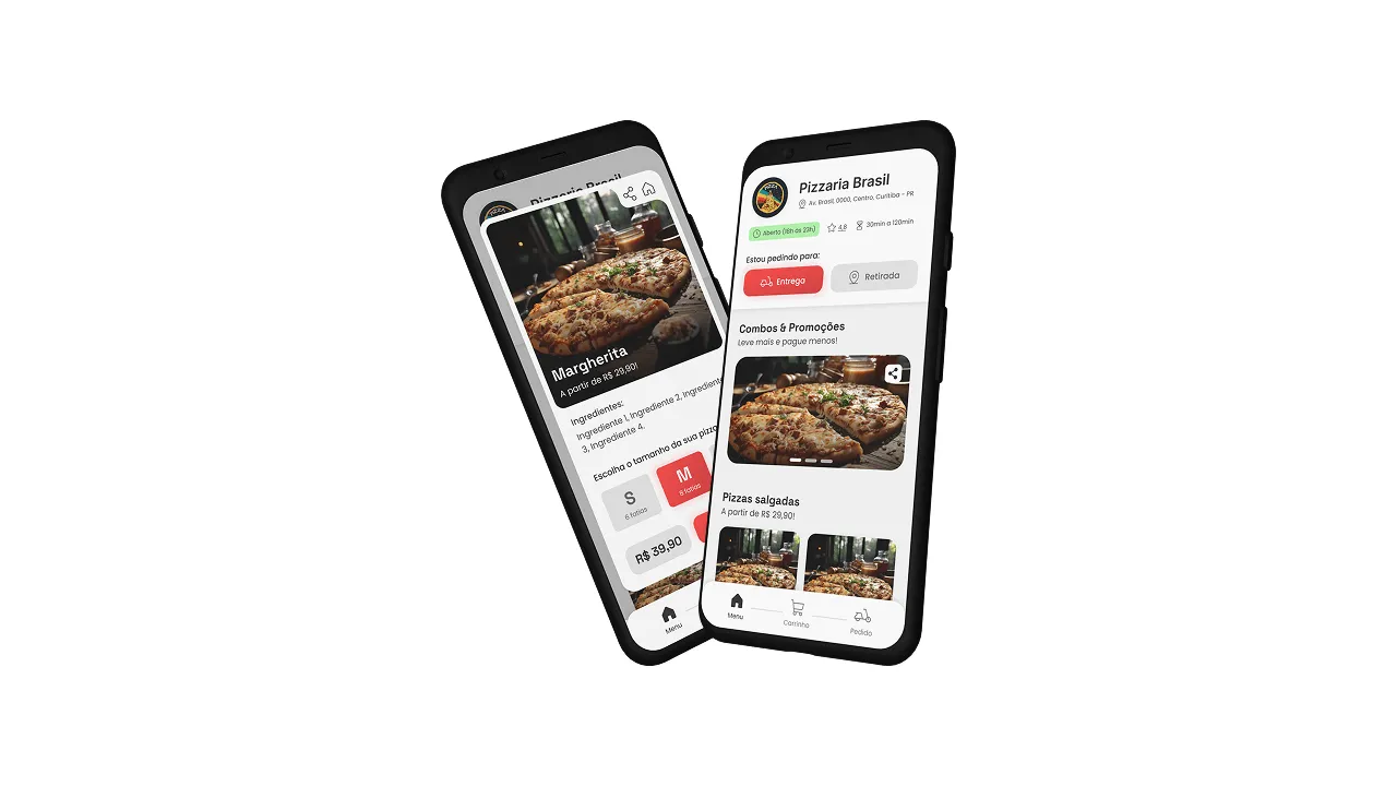 Mockup de aplicativo de delivery de pizza em dois smartphones.