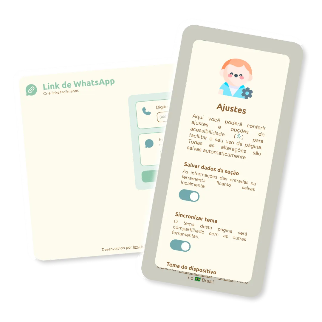 Mockup de um site em um tablet e um smartphone exibindo a ferramenta Link de WhatsApp. No tablet, a interface de criação de link com o campo para número de telefone e mensagem. No smartphone, a página de Ajustes da ferramenta, com opções para salvar dados da seção, sincronizar tema e tema do dispositivo.