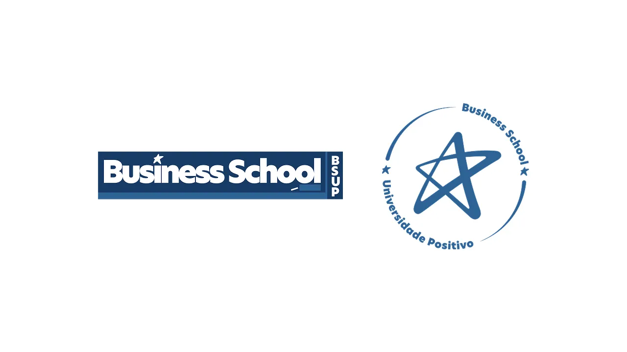 Fotos das variações finalistas do projeto de rebranding da Business School da Universidade Positivo, em 2021. À esquerda, a logo utilizada internamente, que faz lembrança à ideia inicial de um quadro negro. À direita, a logo mais progressiva e minimalista.