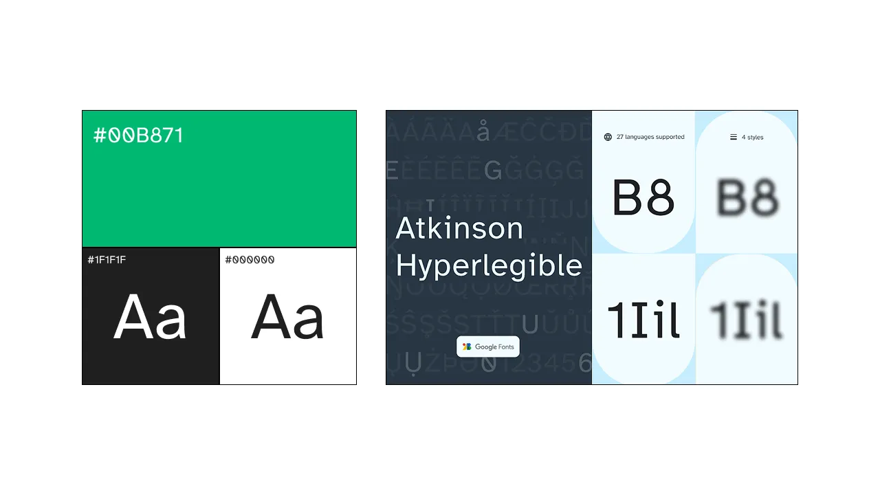 A imagem exibe elementos de design focados em acessibilidade visual. À esquerda, amostras de cores verde e preta com códigos hexadecimais e exemplos da letra Aa demonstram considerações de contraste. À direita, a tipografia Atkinson Hyperlegible é destacada, com informações sobre suporte a idiomas e estilos, além de exemplos visuais da fonte em diferentes apresentações de nitidez. A imagem como um todo sugere uma ênfase na legibilidade e no contraste de cores para garantir a acessibilidade do conteúdo textual.